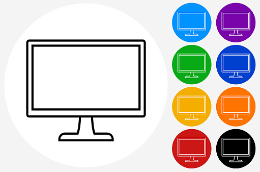 Computer Monitor Icon. This 100% royalty free vector illustration is featuring a white round button with a black icon. There are 5 additional alternative variations in different colors on the right.