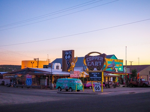 On the mythic Route 66, tourists can admire in July 2019 a beautiful sunset in Seligman in Arizona