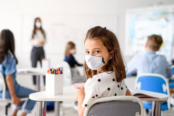 Child with face mask back at school after covid-19 quarantine and lockdown.