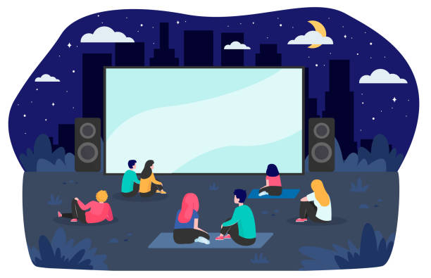 Young friends resting at backyard and watching movie Young friends resting at backyard and watching movie flat vector illustration. Open air cinema at night. Entertainment, vacation and weekend concept movie scene stock illustrations