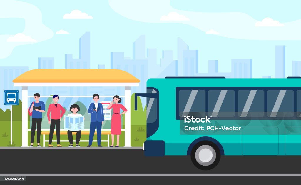 Cartoon Passengers Standing At Bus Stop Stock Illustration - Download Image  Now - Bus, Transportation, Travel - iStock