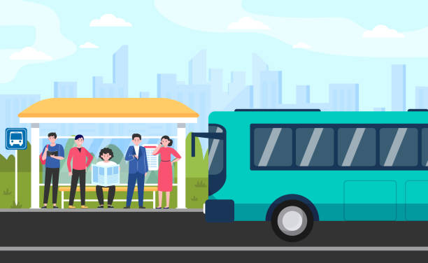 Cartoon passengers standing at bus stop Cartoon passengers standing at bus stop flat vector illustration. Women and men waiting for public transport. Transportation, driving and conveyance concept bus transportation stock illustrations