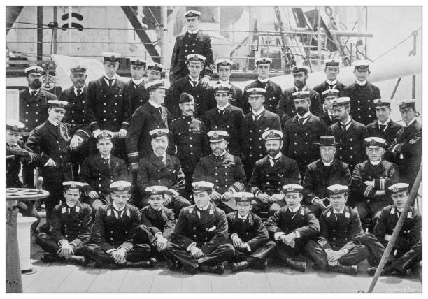 Antique photograph of British Navy and Army: Captain and officers Antique photograph of British Navy and Army: Captain and officers warship photos stock illustrations
