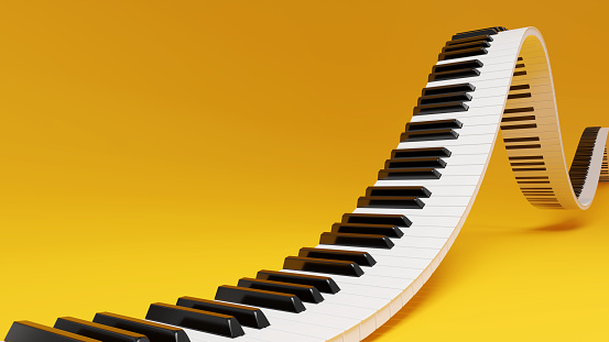 Curved wavy grand piano keyboard on yellow background. Abstract design for music banners. 3D rendering image