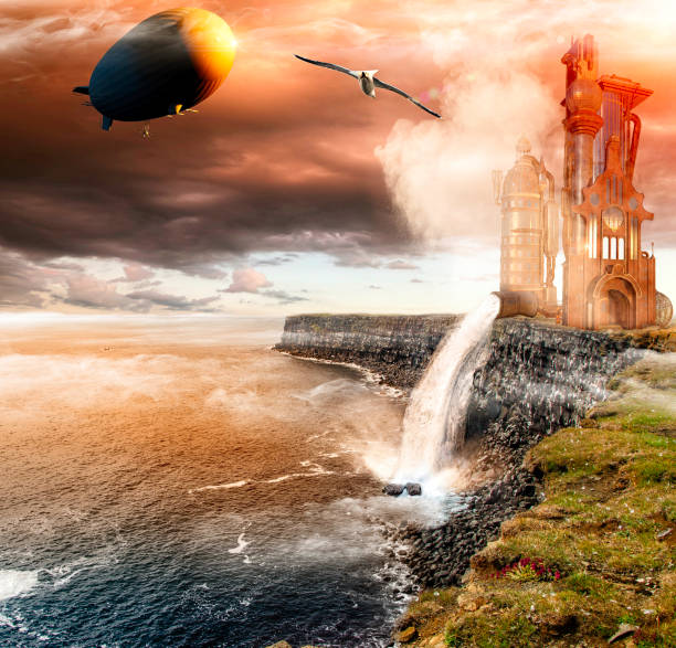 Fantasy steampunk world , architecture, buildings and structures, industrial discharge into the sea, waterfall on cliff. Zeppelin flying with seagull. Apocalyptic scenario. Sci-fi. 3d render