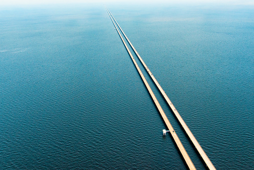 Aerial view of the Lake Pontchartrain Causeway in Louisiana;  the worlds longest bridge spanning a body of water.