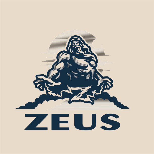 Zeus god on a mountain among the clouds Zeus god on a mountain among the clouds, against the sky. Muscular man with a beard and long hair. Lightning comes from the hands, which form the letter Z. zeus stock illustrations
