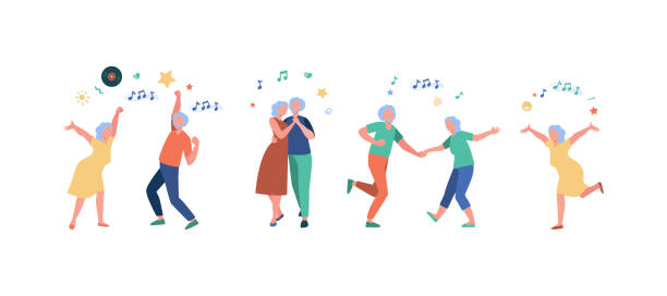 Happy old people dancing isolated flat vector illustration Happy old people dancing isolated flat vector illustration. Cartoon senior grandfathers and grandmothers having fun at party. Music and dancing club concept old people dancing stock illustrations