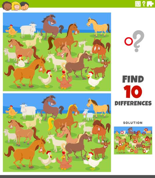 различия образовательной игры с сельскохозяйственными животными - horse goat child humor stock illustrations