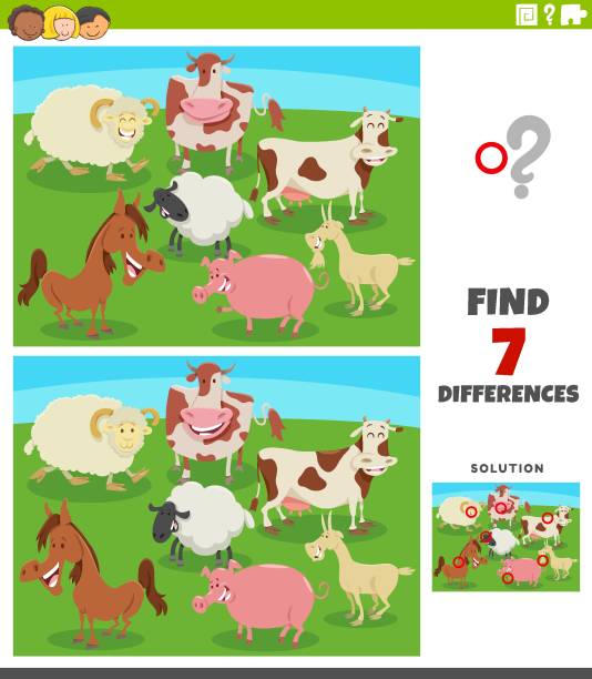 ilustraciones, imágenes clip art, dibujos animados e iconos de stock de diferencias juego educativo con animales de granja cómicos - horse goat child humor