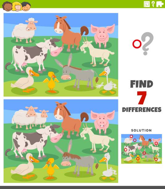 ilustraciones, imágenes clip art, dibujos animados e iconos de stock de diferencias tarea educativa con los animales de granja de dibujos animados - horse goat child humor