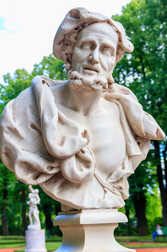 Bust of Aristotle in old city park \