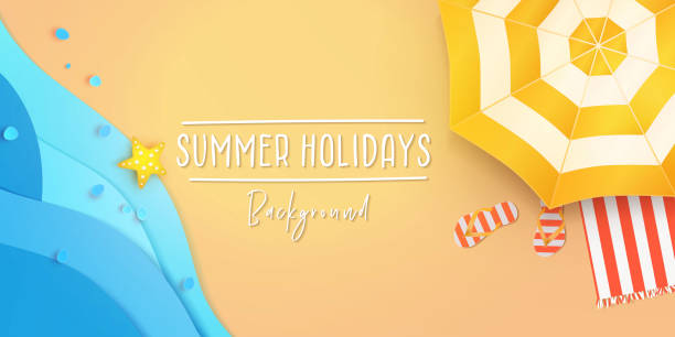 Summer holidays banner design template for poster, web, social media and mobile apps. Paper cut tropical beach top view background Summer holidays banner design template for poster, web, social media and mobile apps. Paper cut tropical beach top view background with umbrella, flip flops and starfish on blue waves of the sea beach beach background stock illustrations