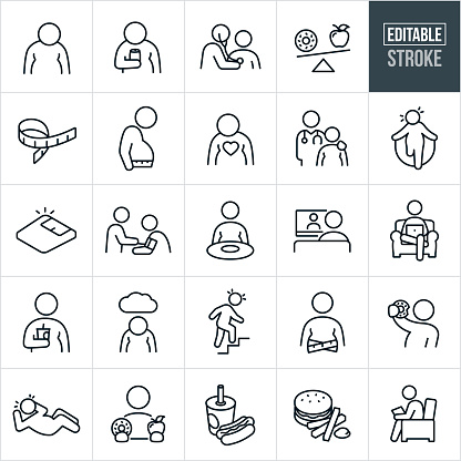 A set of overweight and obesity issues icons that include editable strokes or outlines using the EPS vector file. The icons include an obese person, obese man drinking a soda, obese person having heart checked by a doctor using a stethoscope, donut and apple on a scale, tape measure, heavy person using a tape measure to measure waist line, obese person getting a medical checkup, obese person struggling to jump rope, weight scale, person getting the blood pressure checked, heavy person at dinner table, person sitting and watching television, person in a chair on computer, person seated in a chair and watching device, obese person holding a fountain drink, depressed overweight person, overweight person sweating while climbing stairs, heavy person eating a doughnut, overweight person sweating while do a sit-up, hotdog and sod, hamburger and fries and other related icons.