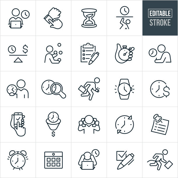 Business Time Management Thin Line Icons - Editable Stroke A set of time management icons that include editable strokes or outlines using the EPS vector file. The icons include a business man working on laptop with a clock in the background, a person checking their watch, hourglass, person being trapped by time, a scale with a clock on one side and dollar sign on the other, a person juggling, clipboard with checkboxes, hand holding stopwatch, person taking an exam with clock in the background, business person holding a clock in his hand, a late business person running late, watch, time is money concept, business person holding two phones to ears, sticky note reminder, alarm clock, calendar, person with head in hands and clock in background, checkbox and other related icons. busy calendar stock illustrations