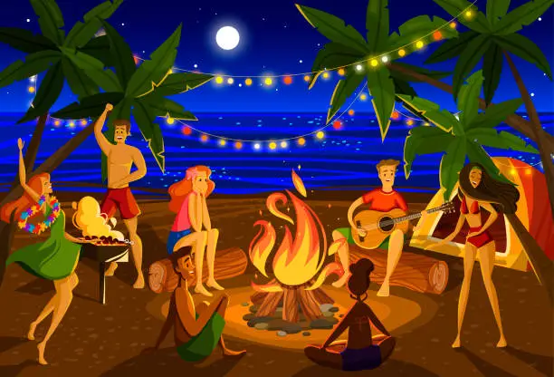 Vector illustration of Young people at beach night party, cartoon characters around campfire on exotic island, vector illustration