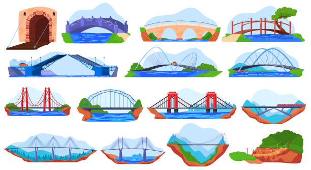 brücke sammlung, satz von verschiedenen aufkleber isoliert auf weiß, vektor-illustration - mountain pass stock-grafiken, -clipart, -cartoons und -symbole