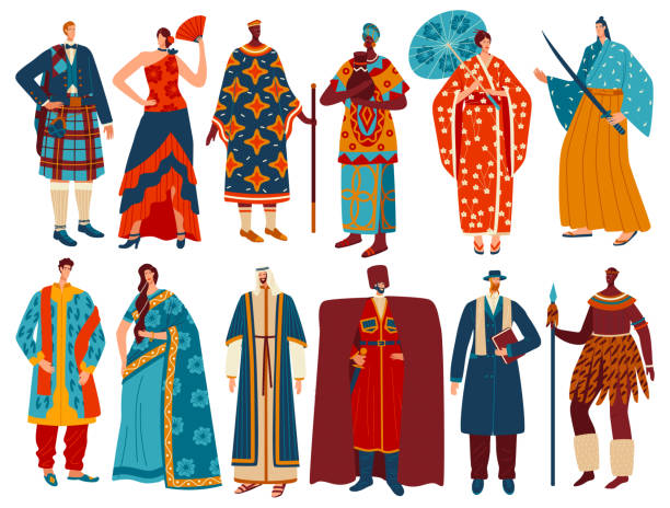 Multicultural people in traditional national costumes, isolated cartoon characters, vector illustration Multicultural people in traditional national costumes, isolated cartoon characters, vector illustration. Hand drawn men and women wearing ethnic clothes of different countries Europe, Asia and Africa cartoon of the famous chinese warriors stock illustrations