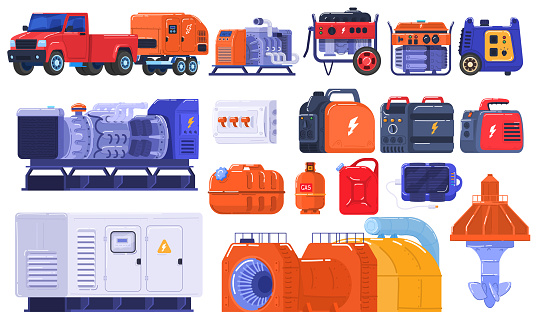 Generators set of energy generating portable electrical equipment, machines petrol fuel industrial engine isolated vector illustration. Diesel industry industrial and home immovable power generator.