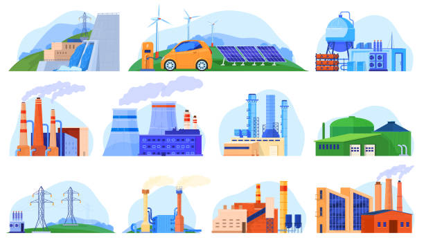 ilustrações de stock, clip art, desenhos animados e ícones de factory power plants set of industrial constructions, urban enviroment, manufacturing stations isolated vector illustration. - nuclear power station power station energy factory