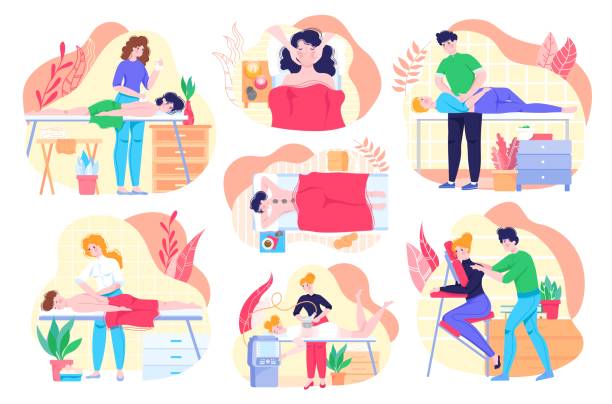 Massage health care procedure people beauty spa, healthy lifestyle characters, relaxation and body therapy set of vector illustrations. Massage health care procedure people beauty spa, healthy lifestyle characters, relaxation and body therapy isolated set of vector illustrations. Professional relaxing massage in salon. hot male drawing stock illustrations