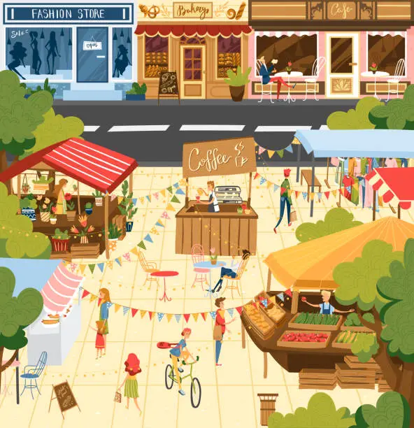 Vector illustration of Farmers market, people at fair counters sellers standing behind stall with fresh homemade farm food products outdoor vector Illustration.