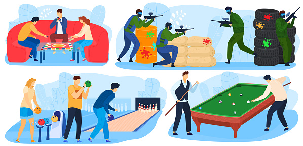 People play games, leisure and fun playtime activity, enterterment with paintball game, billiards, bowling set of isolated vector illustrations. Strategy game for adults, family and playing kids.