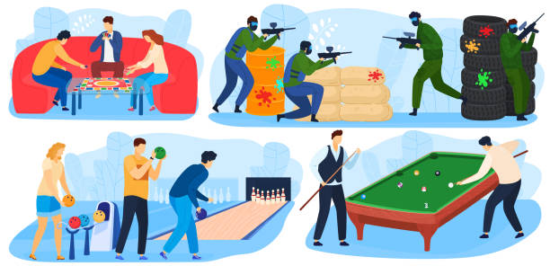 People play games, leisure and fun playtime activity, enterterment with paintball game, billiards, bowling set of vector illustrations. People play games, leisure and fun playtime activity, enterterment with paintball game, billiards, bowling set of isolated vector illustrations. Strategy game for adults, family and playing kids. cricket bowler stock illustrations