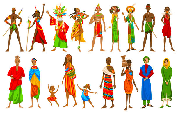 Ethnic people of African tribes in traditional clothing, set of isolated cartoon characters, vector illustration Ethnic people of African tribes in traditional clothing, set of isolated cartoon characters, vector illustration. Exotic culture, different countries in Africa, slim man and woman in national costumes famous archer stock illustrations