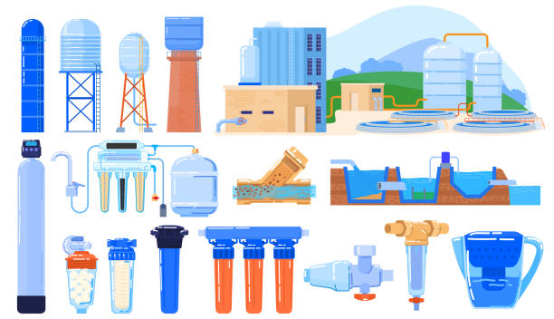 illustrations, cliparts, dessins animés et icônes de industrie de filtre à eau réglée isolée sur le blanc, l’ingénierie de système de purification, l’illustration vectorielle - water filter