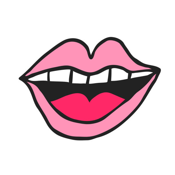 Cartoon style open mouth. Pink color lips. Laughing. White teeth. Smiling. Fun design for sticker, shirt, mug print. Stock vector illustration drawn by hand. laughing illustrations stock illustrations