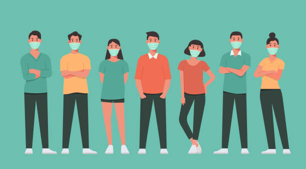 character of people wearing surgical face mask and standing together character of people wearing surgical face mask to prevent virus spreading, flu disease and air pollution, man and woman standing together with protective medical mask, vector illustration man cross arms stock illustrations