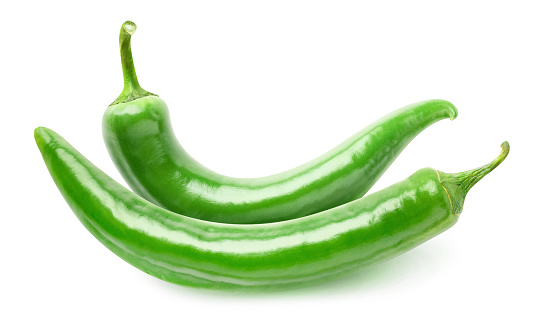 Two hot green peppers isolated on white background