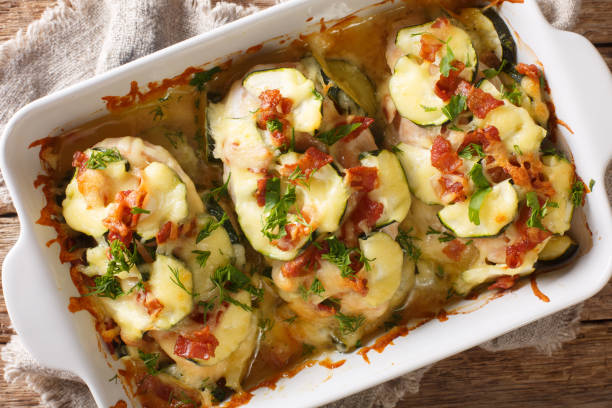 istock Tasty chicken baked gratin with zucchini, bacon and cheese close-up in a baking dish. horizontal top view 1250299521