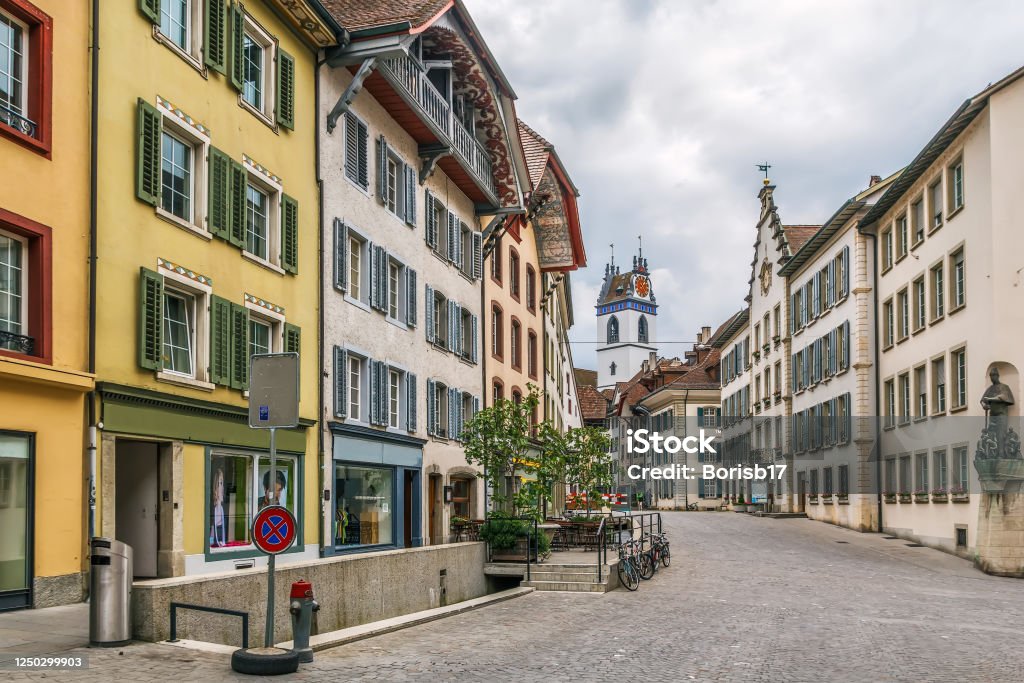 Street in Aarau, Switzerland Street with historical houses in Aarau old town, Switzerland Aarau Stock Photo