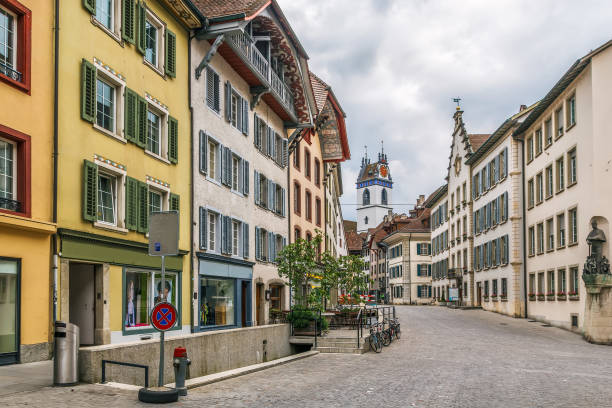 Street in Aarau, Switzerland Street with historical houses in Aarau old town, Switzerland aargau canton photos stock pictures, royalty-free photos & images