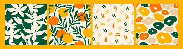 Vector illustration of Artistic seamless pattern with abstract flowers and oranges.