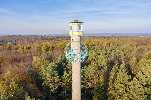 Observation Tower, Fire lookout tower in forest in atumn in Dabrowa Gornicza Silesia Poland aerial drone photo