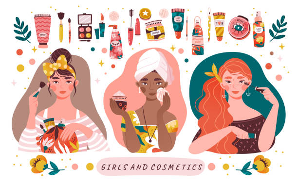 Three diverse beautiful girls applying makeup Three diverse beautiful girls applying makeup with a border of assorted cosmetics and toiletries in a panorama banner, colored vector illustration facial mask beauty product illustrations stock illustrations
