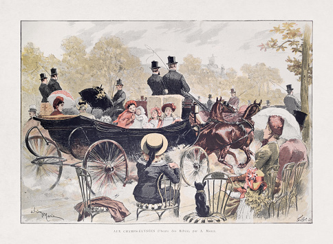 Illustration of Parisian family strolling on a horse-drawn carriage on the Champs-Élysées by A. Marie and engraved by Gillot published 1885 in the monthly magazine 