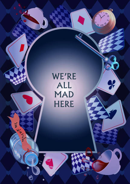 Alice in Wonderland. Playing cards, pocket watch, key, cup and poison falling down the rabbit hole. Frame and place for text. We are mad here. Vector background Alice in Wonderland. Playing cards, pocket watch, key, cup and poison falling down the rabbit hole. Frame and place for text. We are mad here. Vector background hole cards stock illustrations