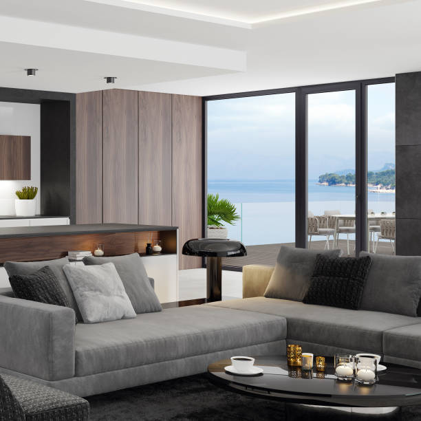 istock Luxury black interior living room with modern minimalist Italian style open space kitchen with big long kitchen island. 1250307219