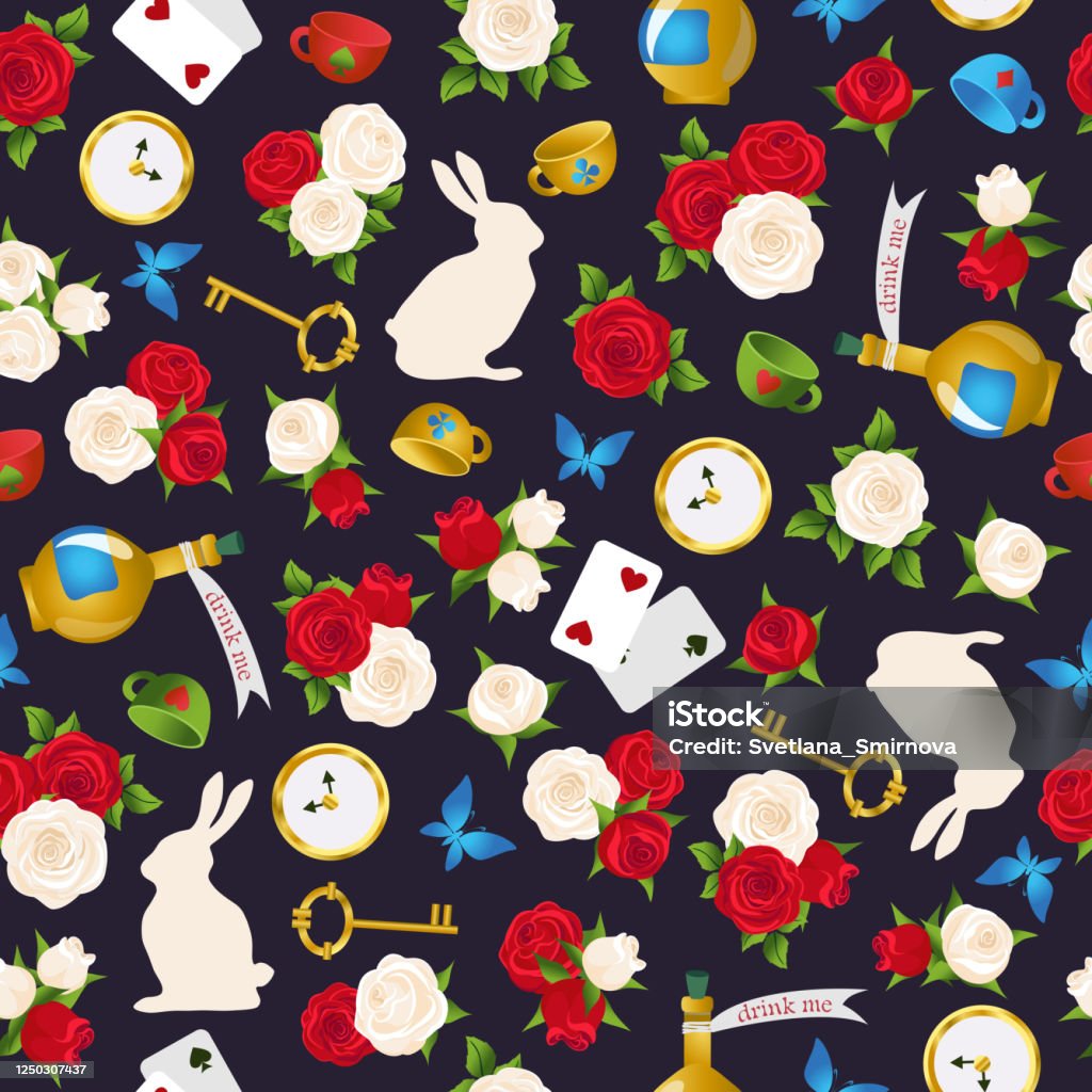 Carte Alice Au Pays Des Merveilles à Imprimer Roses Rouges Et Roses Blanches Carte Clé Et Horloge Lapin Blanc Et Papillon Motif Sans Couture Fond Alice Au Pays Des Merveilles Pour Le Tissu Lemballage Le Papier Peint Impression Décorative Illustration