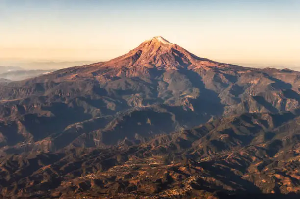 Aerial view of Citlaltepetl, in Spanish Pico de Orizaba, the highest mountain in Mexico and the third highest in North America.