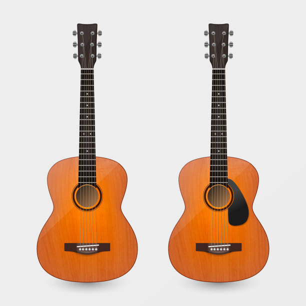 istock Vector 3d Realistic Classic Old Retro Acoustic Brown Wooden Guitar Icon Set Closeup Isolated on White Background. Design Templte, Mockup, Clipart. Musical Art Concept 1250309827