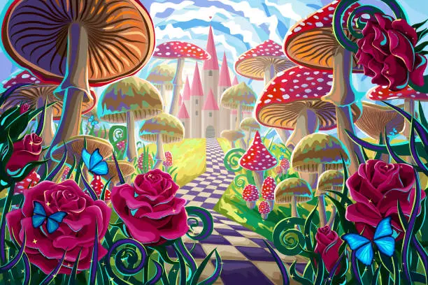 Vector illustration of fantastic landscape with mushrooms, beautiful old castle, red roses and butterflies. illustration to the fairy tale 