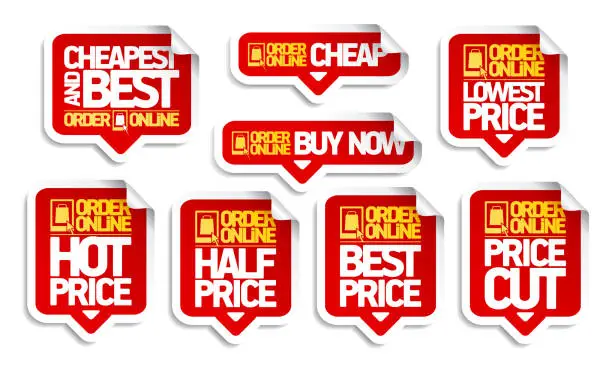 Vector illustration of Order online price tags stickers set - cheapest and best, buy now, price cut and best price