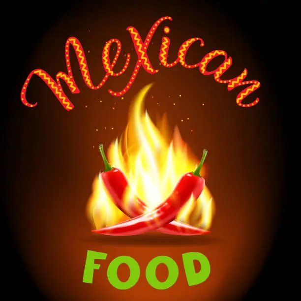 Vector illustration of Red hot chili peppers and original handwritten text Mexican Food.