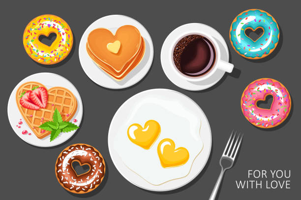 uroczyste śniadanie na walentynki.  kawa, jajecznica serca, truskawkowe gofry serca, naleśniki serca i pączki. wektorowa kartka z życzeniami - waffle breakfast syrup plate stock illustrations