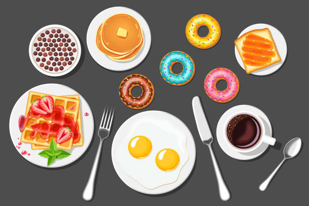 śniadanie.  kawa, jajecznica, mleko z czekoladowymi kulkami zbożowymi, gofry truskawkowe, tosty z dżemem, naleśniki i pączki. wektorowa kartka z życzeniami - waffle breakfast syrup plate stock illustrations